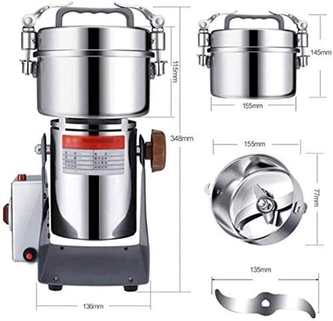 Electric Grain Grinder With Stainless Steel Body, Safety Upgraded, High Speed Spice Mill, 800G Capacity, dimensions display