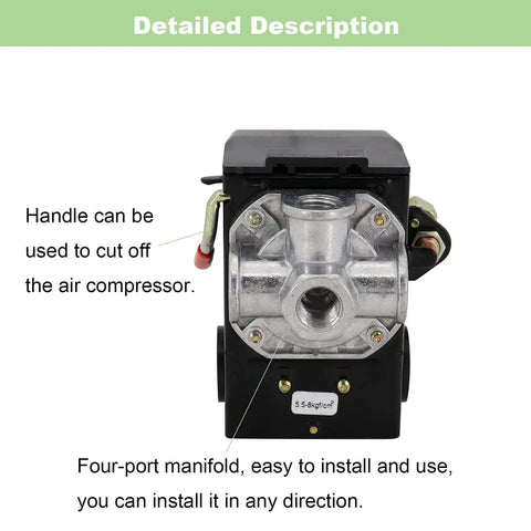 Front view of Heavy Duty 95-125 PSI Air Compressor Pressure Switch Unloader, featuring LF10-4H 4 Port NPT One Quarter Inch Connections.