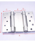 Stainless Steel Spring Door Hinge Set Two Way Open Auto Close Built Tough Heavy Duty 4 5 6 Inch DIY Install with dimensions visible.