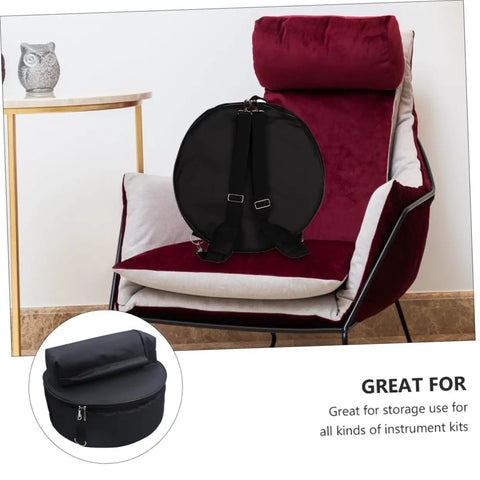 Heavy Duty Oxford Cloth Drum Gig Backpack With Rock Solid Adjustable Padded Straps And Hella Spacious Storage For Go Anywhere Drum Kit Gear And Cymbals on chair.
