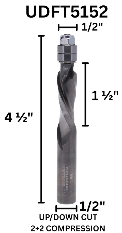 Top Notch Carbide Flush Trim Spiral Router Bit With Up And Down Two Plus Two Compression, Half Inch Cutting Diameter, Shank