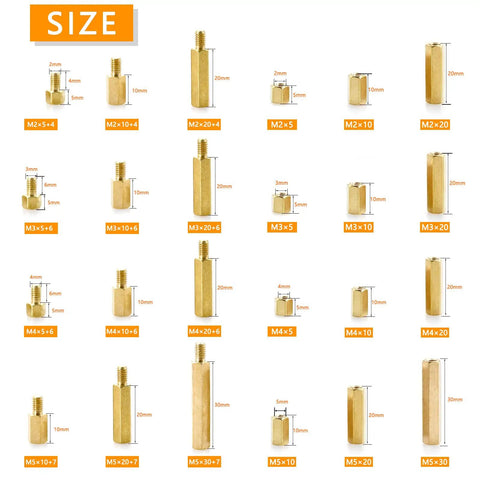 Brass Hex Spacers And Standoffs Kit 210 Piece Assortment For M2 M3 M4 M5 displayed with size measurements.