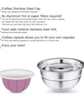 Stainless Steel Refillable Coffee Pods For Nespresso Vertuo And Original Line side view with eco features list and cap.