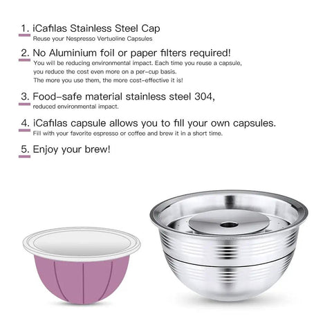 Stainless Steel Refillable Coffee Pods For Nespresso Vertuo And Original Line side view with eco features list and cap.