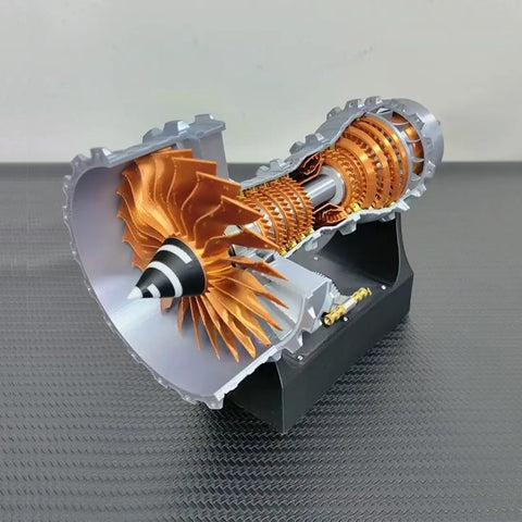 Simulated Turbofan Aircraft Engine Model Kit With LED Light, Rechargeable Version, brass color, turbine components on display