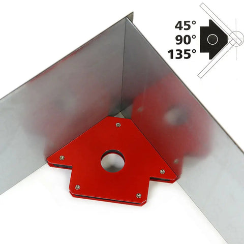Red 4 Pack Magnetic Welding Holders With 25 Lb Holding Power at 90 Degree angle for metalworking, 4 pieces shown in use