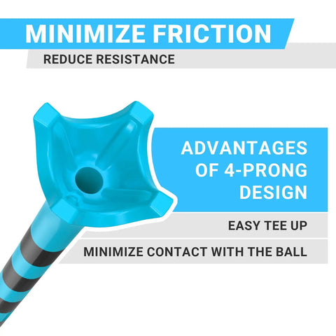 Close-up of blue 3-1/4 inch plastic golf tee with 4-prong design for reduced friction, includes text highlighting design advantages.