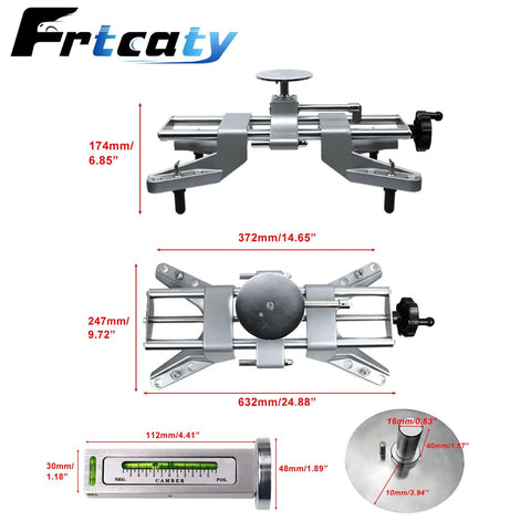 Pro Shop Grade Wheel Alignment Tool Kit With Magnetic Camber Gauge And Universal Adapter Plate Compatible With 11 To 25 Inch Rims, metallic design, showing dimensions and features.