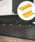 Gold Edge Finger Cabinet Pulls 3.15 Inch Aluminum Drawer Handles Set of 5 installed on modern kitchen cabinets