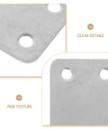 Close-up of 12 Piece Stainless Steel Flat Brackets With Holes Two Point Four By One Point Five Inch Silver Metal Plates Straight Corner Braces