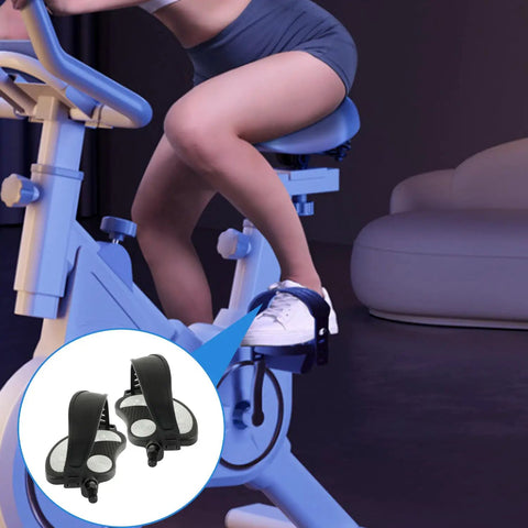Exercise Bike Pedals With Adjustable Straps For Stationary Recumbent Bikes, close-up on pedals with dual strap positions, half inch thread