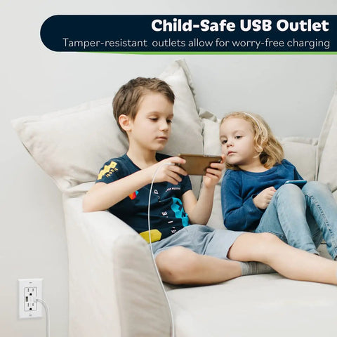Children using a tablet connected to 10 Pack 3.6A USB Wall Outlet Charger, Dual USB Ports With 5V 3.6A Total, in living room.