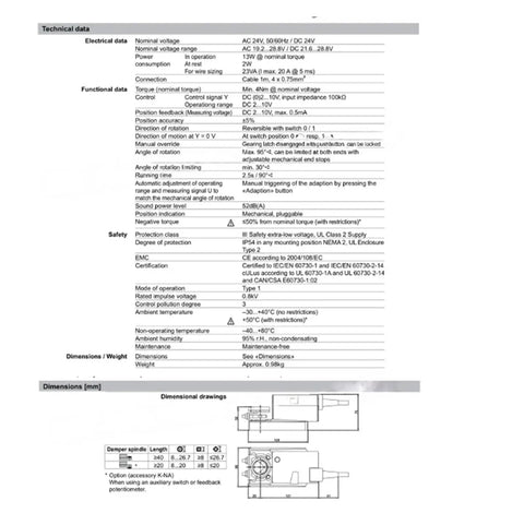 Technical specifications and dimensions for Heavy Duty Modulating Damper Actuator 4Nm Torque 24V AC DC fast acting vent control.
