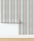 Rustic Victorian Matte Linen Wallpaper on wall, beige with blue stripes, perfect for kitchen and bathroom decor.