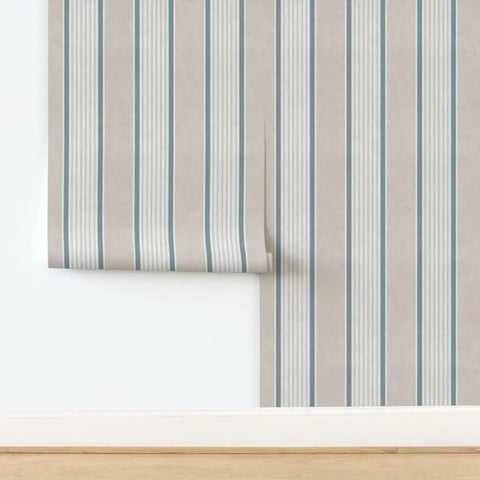 Rustic Victorian Matte Linen Wallpaper on wall, beige with blue stripes, perfect for kitchen and bathroom decor.
