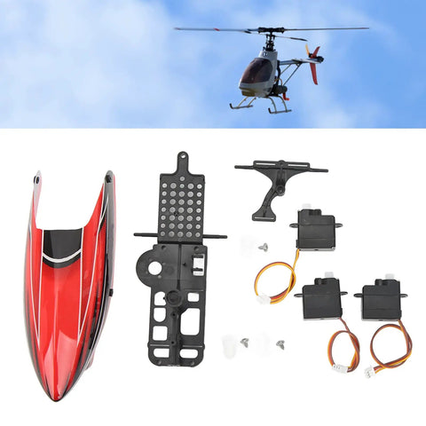 Heavy Duty Lightweight Servo Motor Upgrade For XK K110 RC Helicopter Slick Plastic Refit Parts, including red plastic body and black servos.