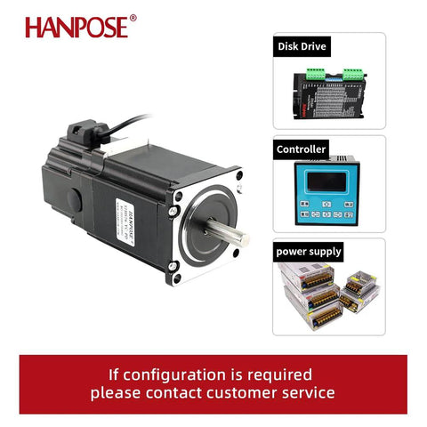 Hanpose NEMA23 stepper motor with shaft and permanent magnet brake; front view with disk drive, controller, power supply