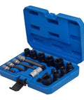 Solid 17 Piece Brake Caliper Socket Set Made From Heavy Chrome Vanadium Steel With Hex Adapters For 1/2 And 3/8 Inch Ratchets Plus Tough Storage Case To Keep Your Garage Tools Nice And Organized. Blue case with brake caliper sockets and hex adapters