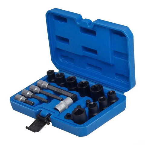 Solid 17 Piece Brake Caliper Socket Set Made From Heavy Chrome Vanadium Steel With Hex Adapters For 1/2 And 3/8 Inch Ratchets Plus Tough Storage Case To Keep Your Garage Tools Nice And Organized. Blue case with brake caliper sockets and hex adapters