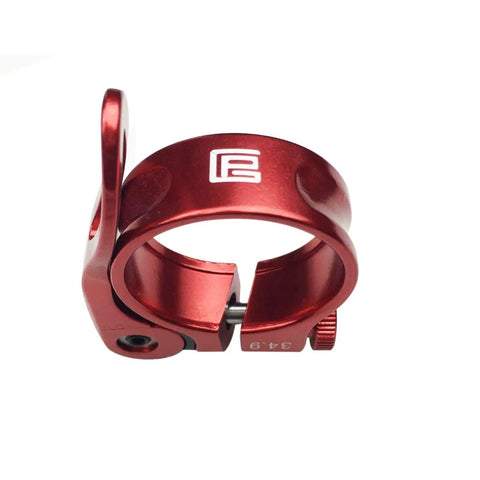 Red Lightweight Aluminum Bike Seat Post Clamp With Quick Release, Hollow 39g Design, 34.9mm, easy height adjustment for bikes.