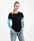 Woman wearing Cooling Arm Sleeves For Men And Women Breathable Ice Silk Fabric With Thumb Hole Non Slip Grip Keeps Sleeves In Place