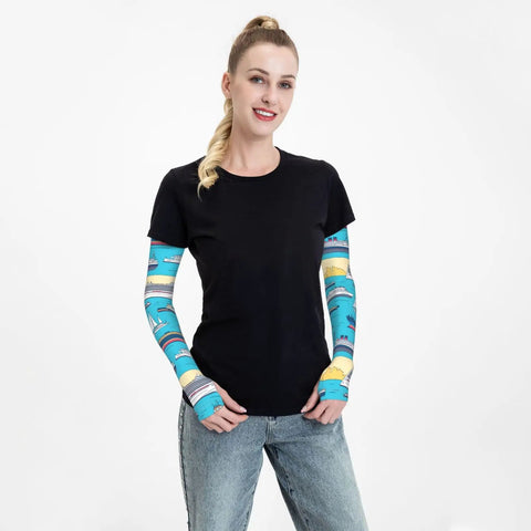 Woman wearing Cooling Arm Sleeves For Men And Women Breathable Ice Silk Fabric With Thumb Hole Non Slip Grip Keeps Sleeves In Place