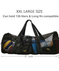 XXL Mesh Duffle Bag For Scuba Snorkel Gear And Water Sports Equipment showing size and gear pockets, 37 x 15 x 15 inch.