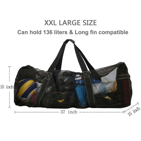 XXL Mesh Duffle Bag For Scuba Snorkel Gear And Water Sports Equipment showing size and gear pockets, 37 x 15 x 15 inch.