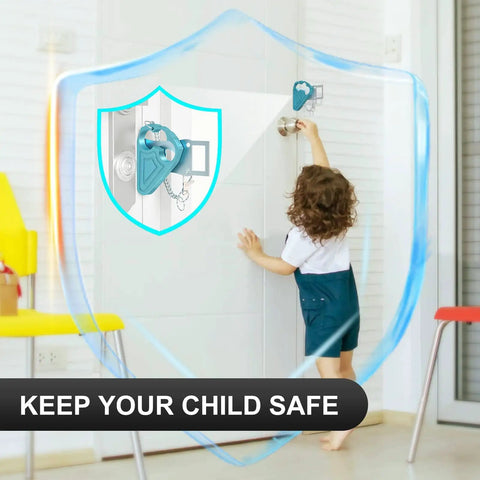 Child near door with Portable Door Lock For Hotel And Apartment Security Heavy Duty Aluminum And Stainless Steel Travel Latch