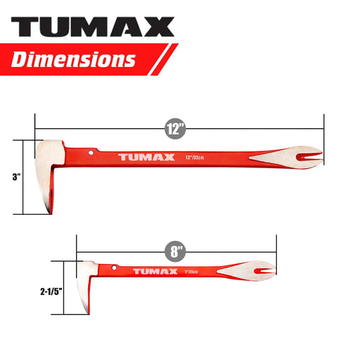 Two Piece Nail Puller Set With 12 Inch Pry Bar And 8 Inch Mini Crowbar Cat Paw Nail Remover dimensions shown.