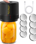 Cordless Electric Mason Jar Vacuum Sealer Kit For Food Storage with multiple lids shown, sealing jar of preserved fruit