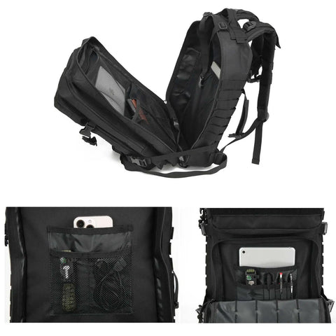 Rugged 45L Tactical Backpack for Men with MOLLE 3 Day Assault Bug Out Daypack open view showing compartments for gear.