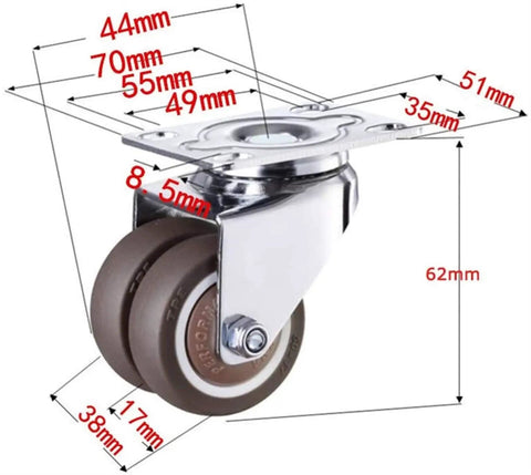 Heavy Duty Twin Rubber Casters 2 Inch Super Quiet Furniture Rollers built like a tank, showing detailed measurements and features.