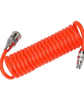 Top Shelf PU Spiral Air Hose Three Meter Length Kitted With Snappy Quick Connectors, retractable orange coil with metal connectors.
