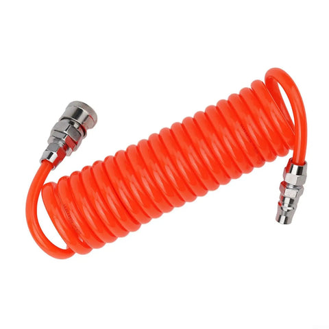 Top Shelf PU Spiral Air Hose Three Meter Length Kitted With Snappy Quick Connectors, retractable orange coil with metal connectors.