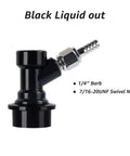 Black Liquid out ball lock disconnect with 1/4 inch barb and 7/16-20UNF swivel nut