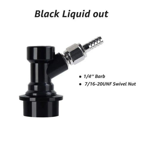 Black Liquid out ball lock disconnect with 1/4 inch barb and 7/16-20UNF swivel nut