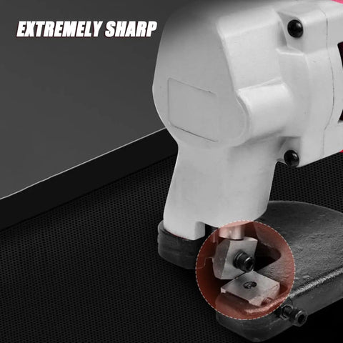 Close-up of Vdniduir 500W Electric Metal Shear cutting edge showcasing sharp metal blade for precise cuts.