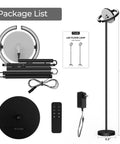 Package contents of Led Floor Lamp With Rotatable Saturn Ring Design Stepless Dimming From 3000K To 6000K, including parts and remote.