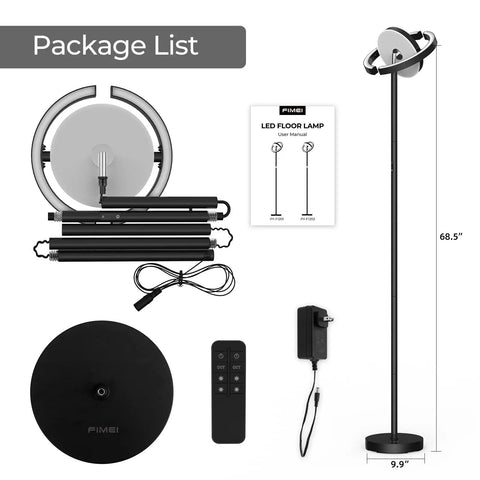 Package contents of Led Floor Lamp With Rotatable Saturn Ring Design Stepless Dimming From 3000K To 6000K, including parts and remote.