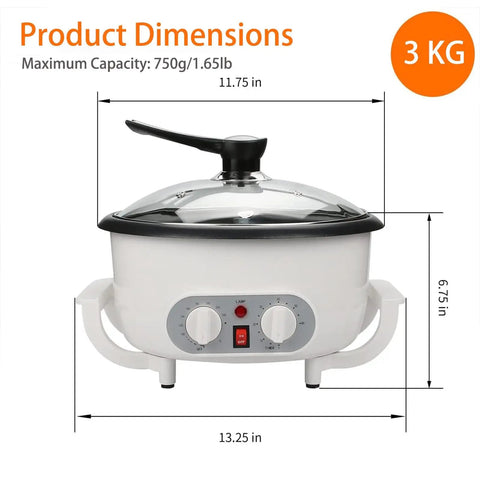 Front view of Electric Home Coffee Roaster For Beans And Nuts 110V Kitchen Roaster with timer and adjustable temperature.