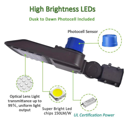 Diagram of LED Parking Lot Light 200W Outdoor Shoebox Style With Knuckle Slip Fitter Mount Dusk To Dawn Photocell Sensor