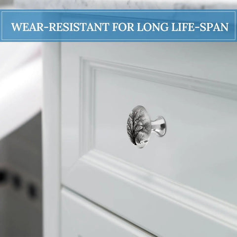 Black and White Tree Round Cabinet Knob on white drawer, part of Set 2 Pack Stainless Steel Dresser Drawer Pulls Kitchen Cabinet Hardware