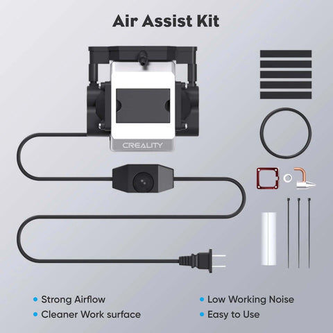 Air Assist Kit for laser cutter with Creality unit, pump, tubing, nozzle, seals and mounting hardware