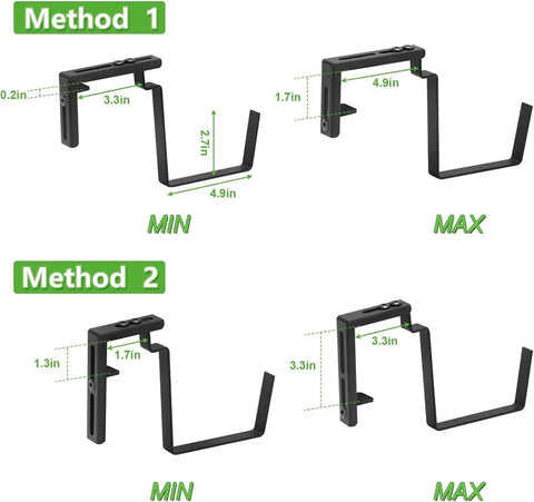 Metal brackets for sturdy railing planter boxes, adjustable size, ideal for balconies, patios, and windowsills.