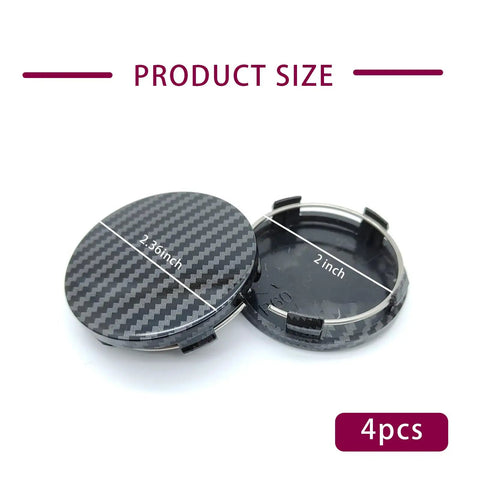 Liven Up Your Ride With These Snap In Wheel Center Caps Solid 4 Pack ABS Hub Covers size 2.36 inch carbon fiber black finish.