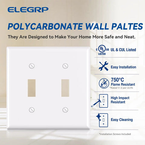 Two Gang Toggle Switch Wall Plate, Unbreakable Thermoplastic Faceplate Cover for Dimmer Switches, Glossy White, 4.53x4.57 in, UL Listed