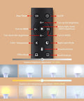 Remote control for Remote Controlled A19 LED Bulb With Dimmable 3000K To 6000K Color Temperature showing buttons and functions.