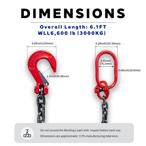 G80 Alloy Lifting Chain Sling For Heavy Lifts 6600 Pound Capacity Six Foot Length with red hook and dimensions