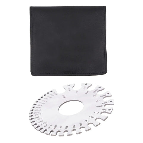 Stainless Steel Wire Diameter Gauge 0-36 Inch with carrying pouch, showing engraved scale for copper, brass, and non-ferrous metals.